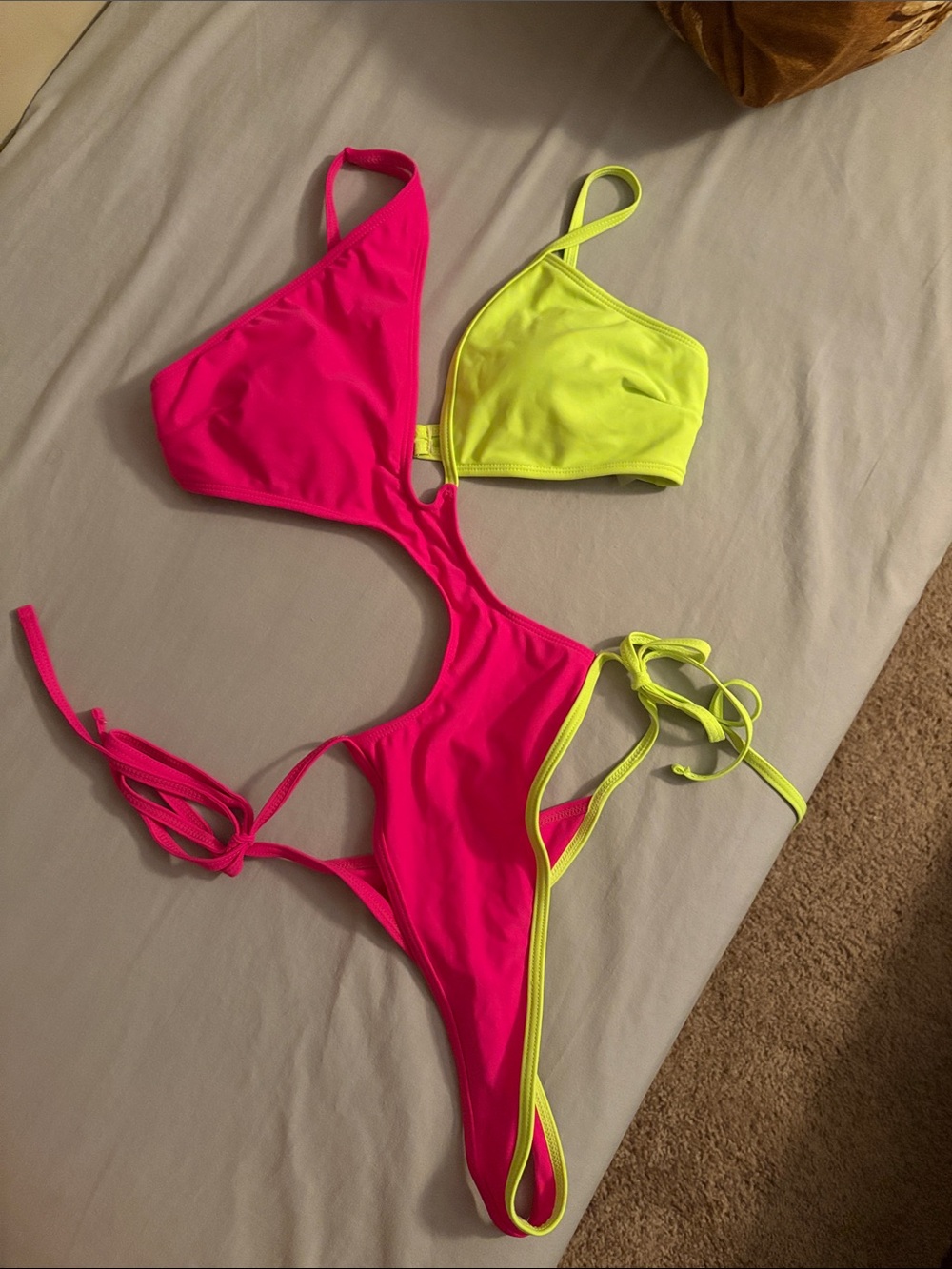 SHEIN Neon Pink and Neon Yellow One-Piece Cutout Swimsuit